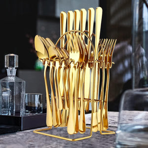 Gold Cutlery Set - 24 Piece Polished Stainless Steel Silverware With Rack - Dishwasher Safe