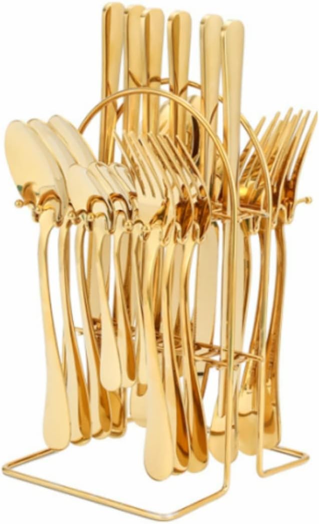 Gold Cutlery Set - 24 Piece Polished Stainless Steel Silverware With Rack - Dishwasher Safe