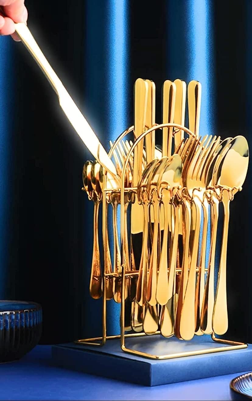 Gold Cutlery Set - 24 Piece Polished Stainless Steel Silverware With Rack - Dishwasher Safe