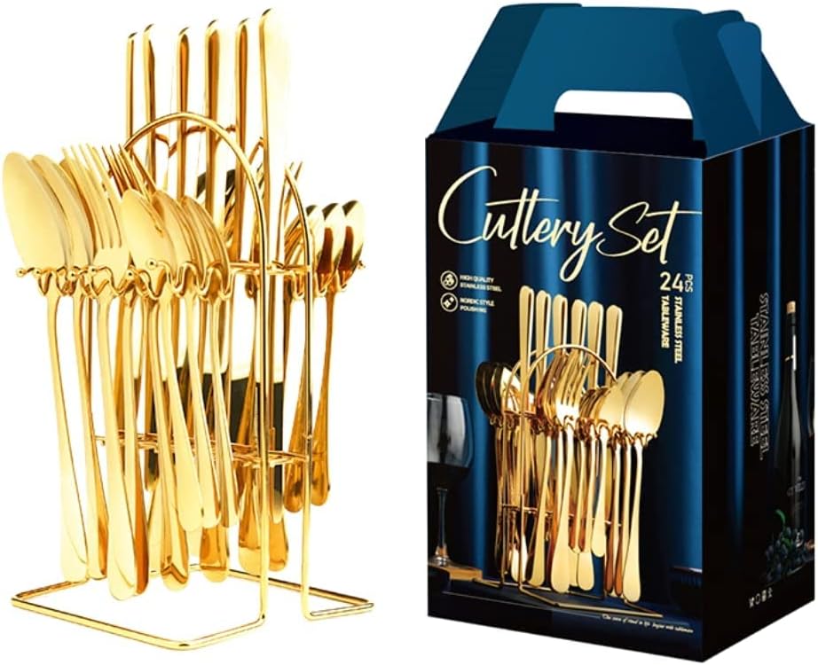 Gold Cutlery Set - 24 Piece Polished Stainless Steel Silverware With Rack - Dishwasher Safe