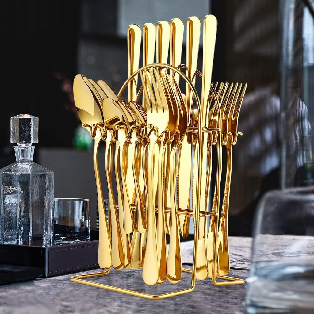 Gold Cutlery Set - 24 Piece Polished Stainless Steel Silverware With Rack - Dishwasher Safe